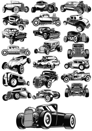 Collection of Classic Hot Rod Car Vector Illustrations Free Vector