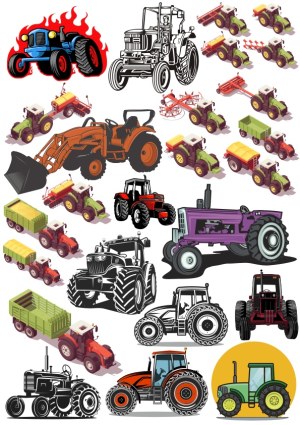 Collection of Colorful and Monochrome Tractor and Farm Equipment Vector Illustrations Free Vector