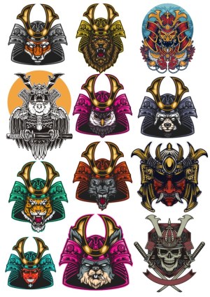 Animal and Skull Samurai Helmets Vector Collection Free Vector