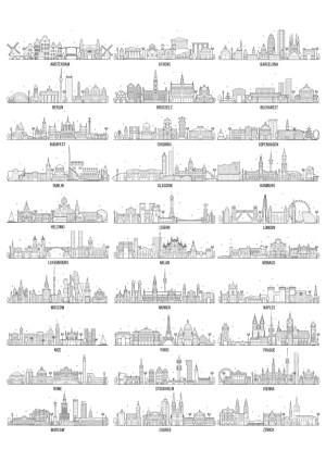 European City Skylines Line Art Set Free Vector