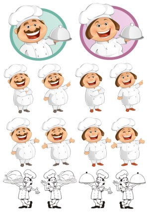 Set of Happy Male and Female Chefs Illustrations with Serving Trays and Gestures Free Vector