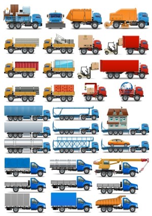 Set of Various Cargo and Utility Trucks Vector Illustrations Free Vector