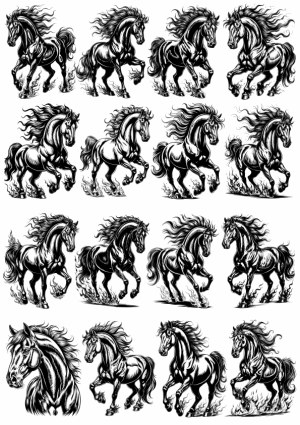 Collection of Black and White Running Horses Vector Illustrations Free Vector