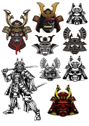 Collection of Detailed Samurai Helmets and Warrior Illustrations Free Vector
