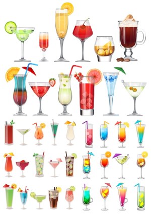 Collection of Various Colorful Cocktail and Alcoholic Drinks Vector Illustrations Free Vector