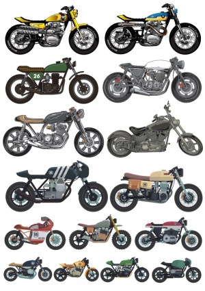 Set of Twelve Vintage and Custom Motorcycle Vector Illustrations Free Vector