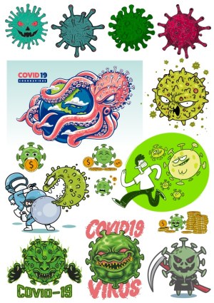 COVID-19 Coronavirus Cartoon and Monster Virus Vector Illustrations Free Vector