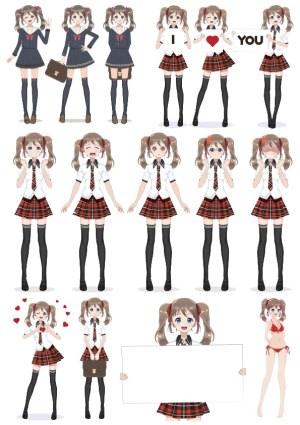 Anime School Girl Character Poses and Expressions Vector Set Free Vector