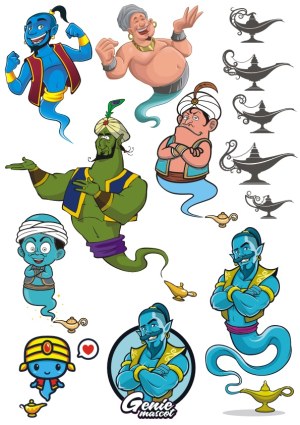 Collection of Cartoon Genie Characters and Magic Lamps Free Vector