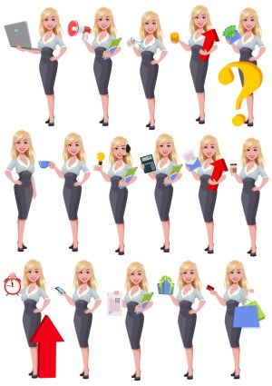 Businesswoman Character with Various Professional Poses and Props Free Vector