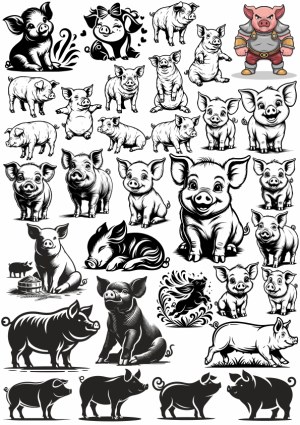 Collection of Pig Vector Illustrations in Various Poses and Styles Free Vector