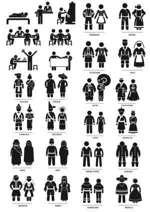 International Traditional Clothing and Various Work Scenes Silhouettes Free Vector