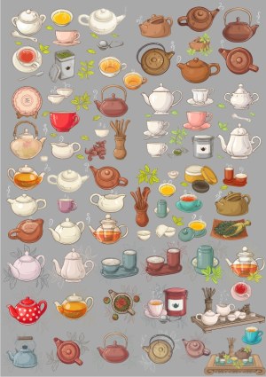 Assorted Hand-Drawn Tea Set Vectors with Teapots, Cups, and Leaves Free Vector