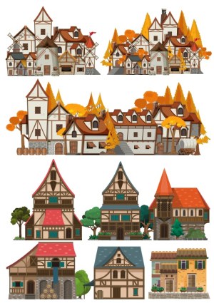 Medieval and Renaissance Village Houses with Autumn Trees Free Vector