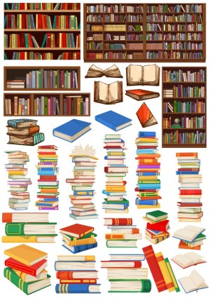 Vector Collection of Stacked Books and Bookshelves Free Vector