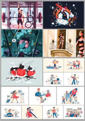 Diverse Modern Lifestyle and Sci-Fi Vector Illustrations Collection Free Vector