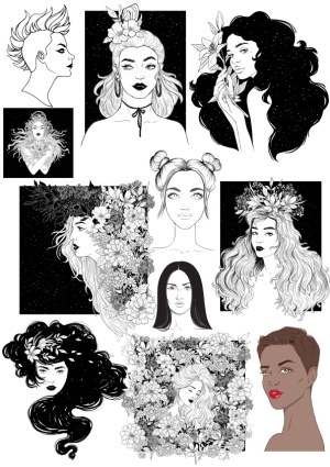 Hand-Drawn Female Portraits with Floral Elements Vector Collection Free Vector