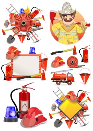Collection of Firefighter Equipment and Fireman Character Vector Illustrations Free Vector
