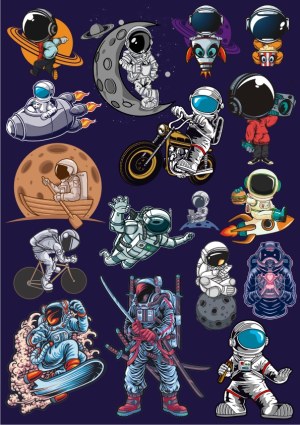 Collection of Retro Style Cartoon Astronauts in Various Activities Free Vector