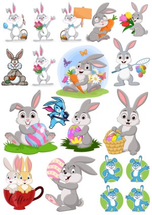 Cute Easter Bunnies with Eggs, Carrots, and Flowers Free Vector