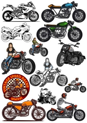 Collection of Detailed Motorcycle and Rider Vector Illustrations Free Vector