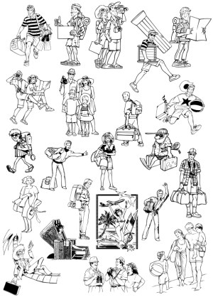 Black and White Vector Illustrations of Vacationers and Travelers Free Vector