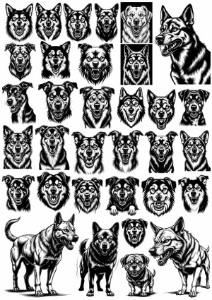 Detailed Black and White Vector Dog Head Illustrations and Full Body Poses Free Vector