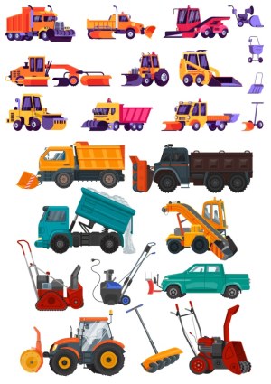 Vector Set of Construction and Snow Removal Vehicles and Equipment Free Vector