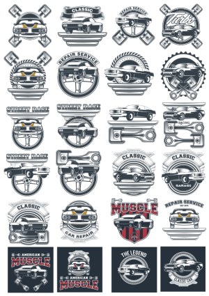 Classic American Muscle Car Vector Emblems for Repair and Racing Free Vector