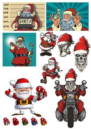 Diverse Santa Claus Vector Illustrations Including Traditional, Modern, and Skull-Themed Designs Free Vector