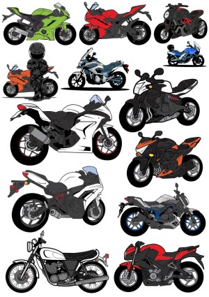 Collection of Colorful Sport and Touring Motorcycles with Rider Vector Illustrations Free Vector