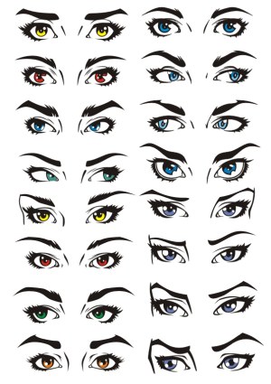 Vector Collection of Female Eyes with Various Eye Colors and Expressions Free Vector