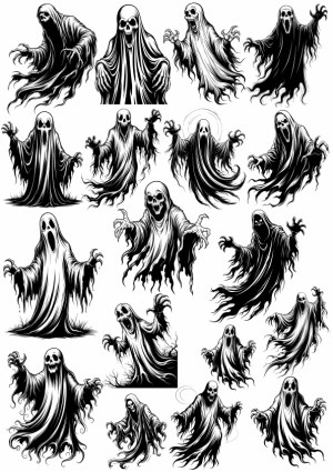 Set of Black and White Scary Ghost and Phantom Vector Illustrations Free Vector