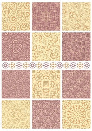 Seamless Vintage Floral and Swirl Pattern Set in Beige and Mauve Free Vector