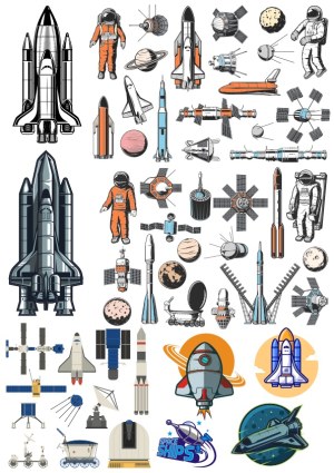 Collection of Space Exploration Vectors including Rockets, Astronauts, Satellites, and Planets Free Vector