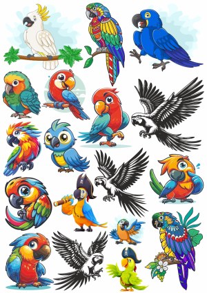 Colorful Cartoon Parrot and Macaw Vector Illustrations Free Vector