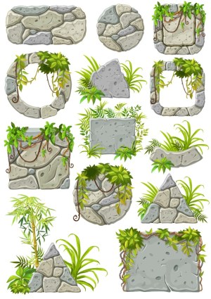Stone Wall and Rock Frames with Vines and Greenery Free Vector