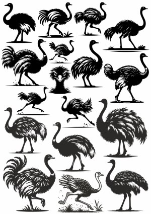 Black and White Ostrich Silhouettes and Sketches Collection Free Vector