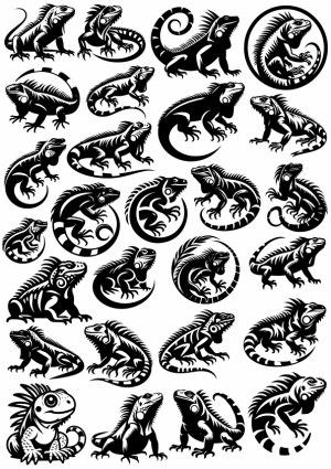 Black Stylized Iguana Silhouettes and Tribal Lizard Designs Free Vector