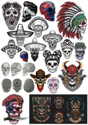 Collection of Detailed Skull Illustrations with Cultural and Warrior Themes Free Vector