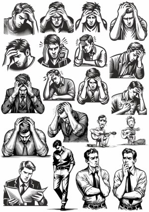 Black and White Illustrations of Men Showing Stress, Thinking, and Playing Guitar Free Vector