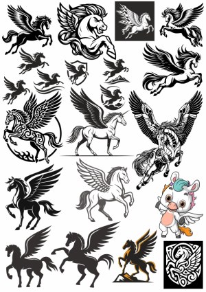Collection of Black and White Pegasus and Unicorn Vector Illustrations Free Vector