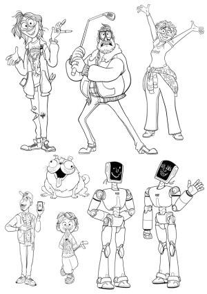 Black and White Cartoon Characters with Robots and Animals Free Vector