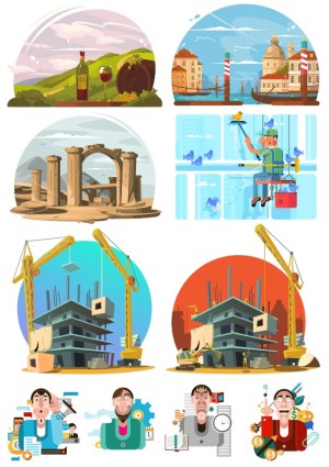 Collection of Vector Illustrations: Wine Country, Venice, Ruins, Window Cleaner, Construction Sites, and Businessmen Free Vector