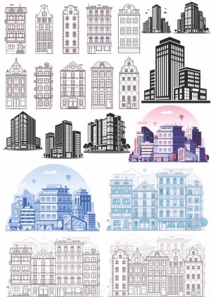 Vector Collection of Urban and Classic Building Illustrations Free Vector
