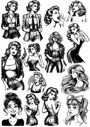 Black and White Vintage Comic Style Women Characters Vector Set Free Vector