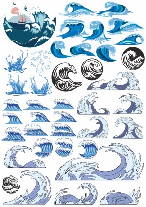Collection of Stylized Ocean Wave Vector Illustrations and Splash Elements Free Vector