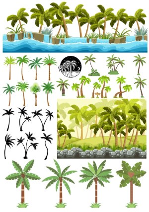 Collection of Tropical Palm Tree Vector Illustrations and Scenes Free Vector