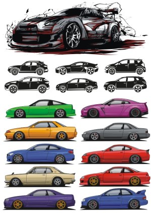 Set of Vector Car Illustrations Including Sports and Silhouette Styles Free Vector