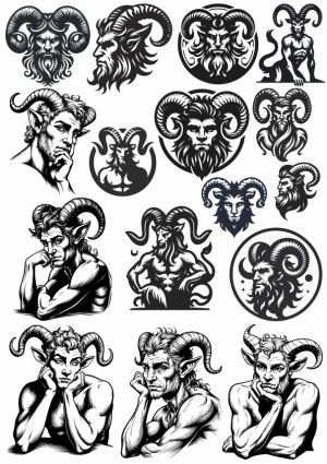 Black and White Satyr and Goat-Headed Mythical Creature Vector Collection Free Vector